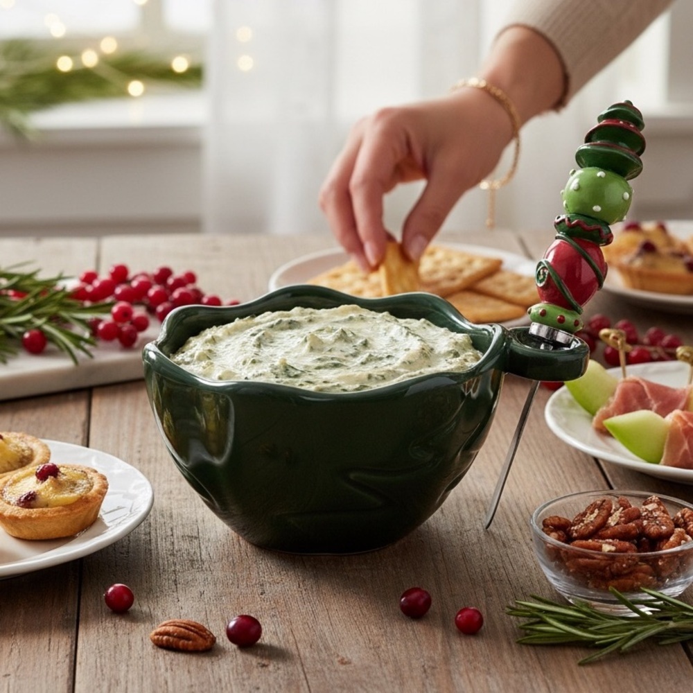 GANZ Bella Casa Green Festive Ceramic Bowl with SS Spreader EUC